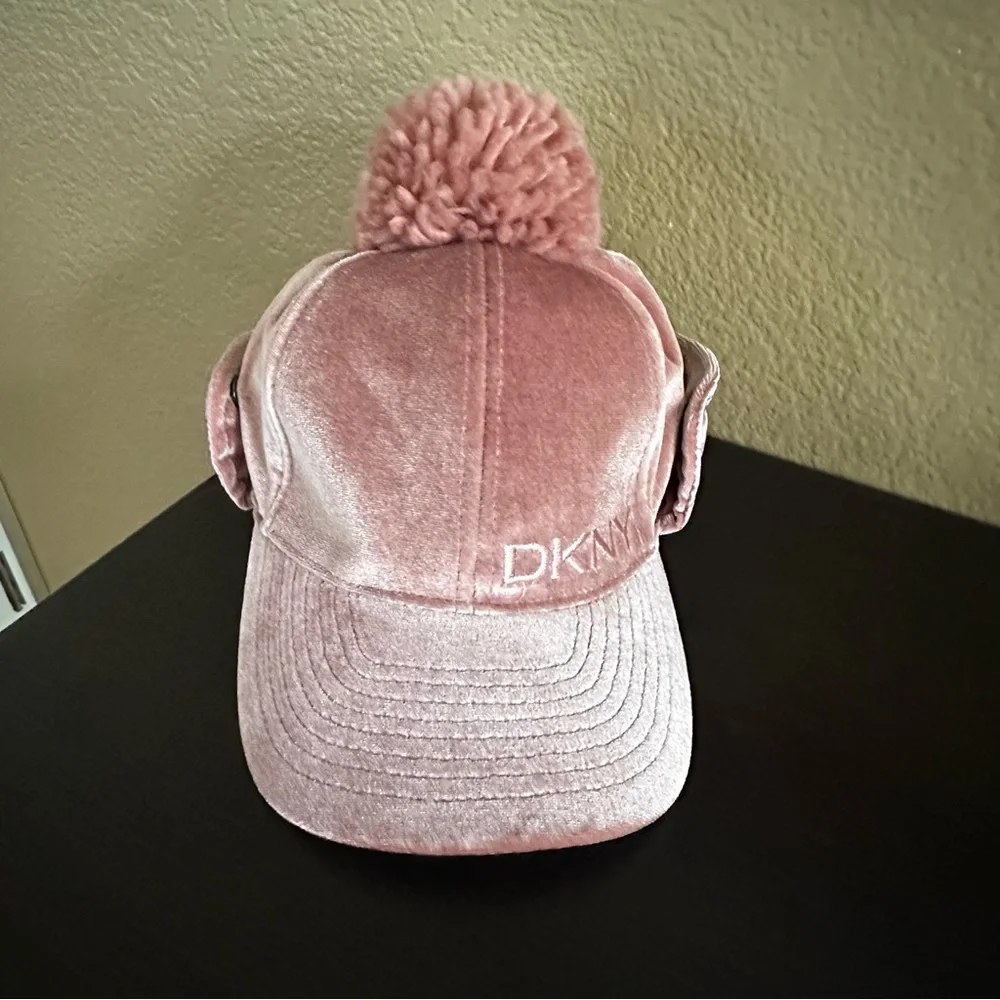 DKNY Girls' Winter Hat Rose Velour Pom Pom Cap Size 7-16